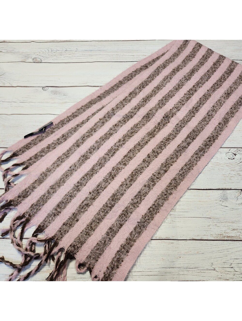 Anthropologie Pink and Brown Striped Wool Blend Scarf with Fringe